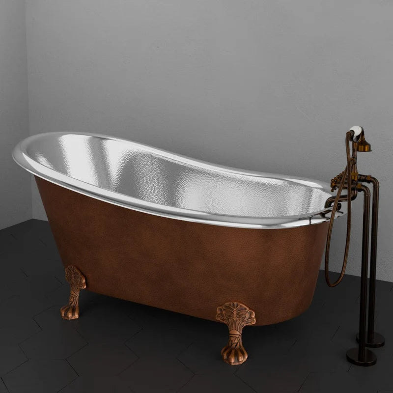 MAGNUS HOME PRODUCTS 66" Jadaro Single Slipper Copper Clawfoot Tub with Rolled Rim - Polished Nickel Interior with Antique Copper Exterior