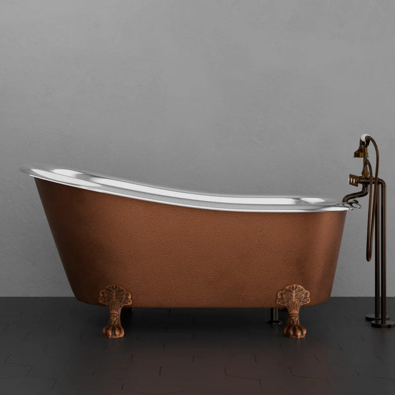 MAGNUS HOME PRODUCTS 66" Jadaro Single Slipper Copper Clawfoot Tub with Rolled Rim - Polished Nickel Interior with Antique Copper Exterior