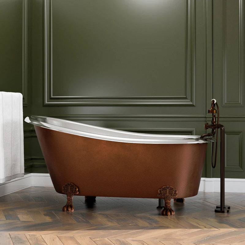 MAGNUS HOME PRODUCTS 66" Jadaro Single Slipper Copper Clawfoot Tub with Rolled Rim - Polished Nickel Interior with Antique Copper Exterior