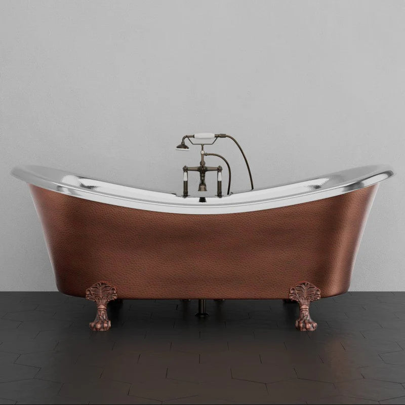 MAGNUS HOME PRODUCTS 72" Kenlee Double Slipper Hammered Copper Clawfoot Tub with Rolled Rim - Polished Nickel Interior with Antique Copper Exterior