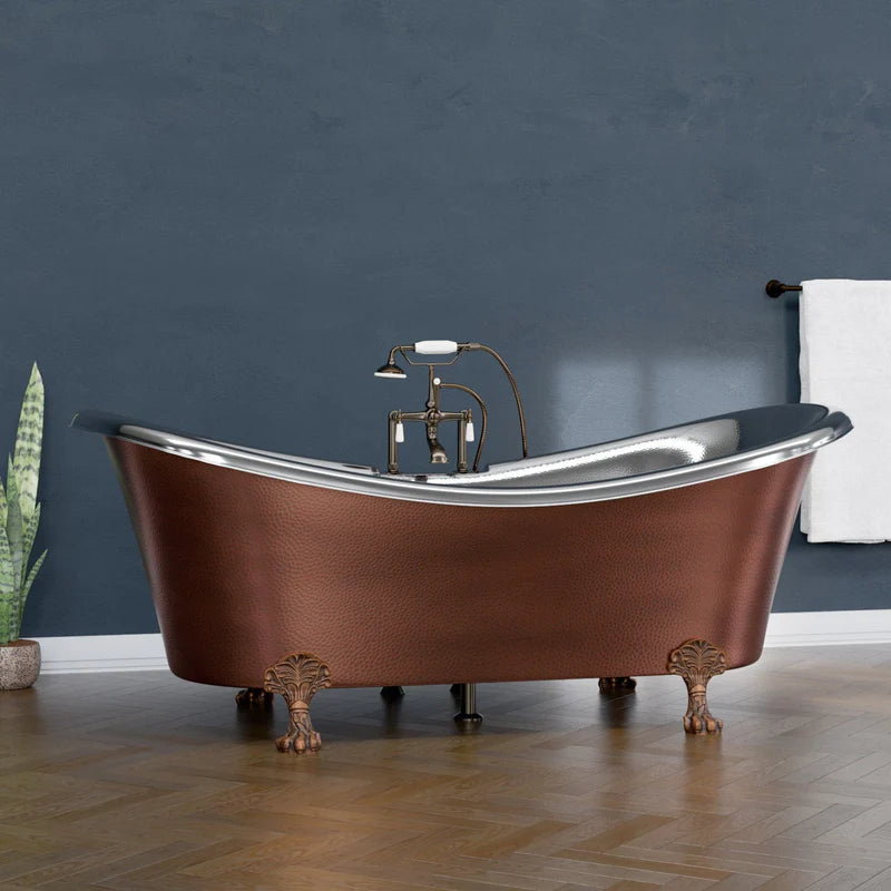 MAGNUS HOME PRODUCTS 72" Kenlee Double Slipper Hammered Copper Clawfoot Tub with Rolled Rim - Polished Nickel Interior with Antique Copper Exterior