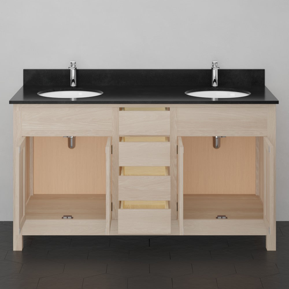 Magnus 60" Mission unfinished red oak double vanity — front view of the vanity with its cabinet doors open, revealing the interior storage compartments and center drawers, below the black granite top and two undermount sinks.
