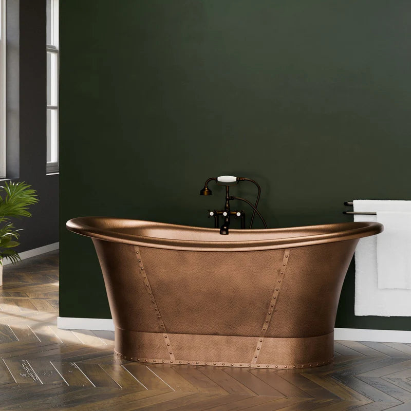 MAGNUS HOME PRODUCTS 66" Hayward Hammered Copper Double Slipper Pedestal Tub with Copper Rivets