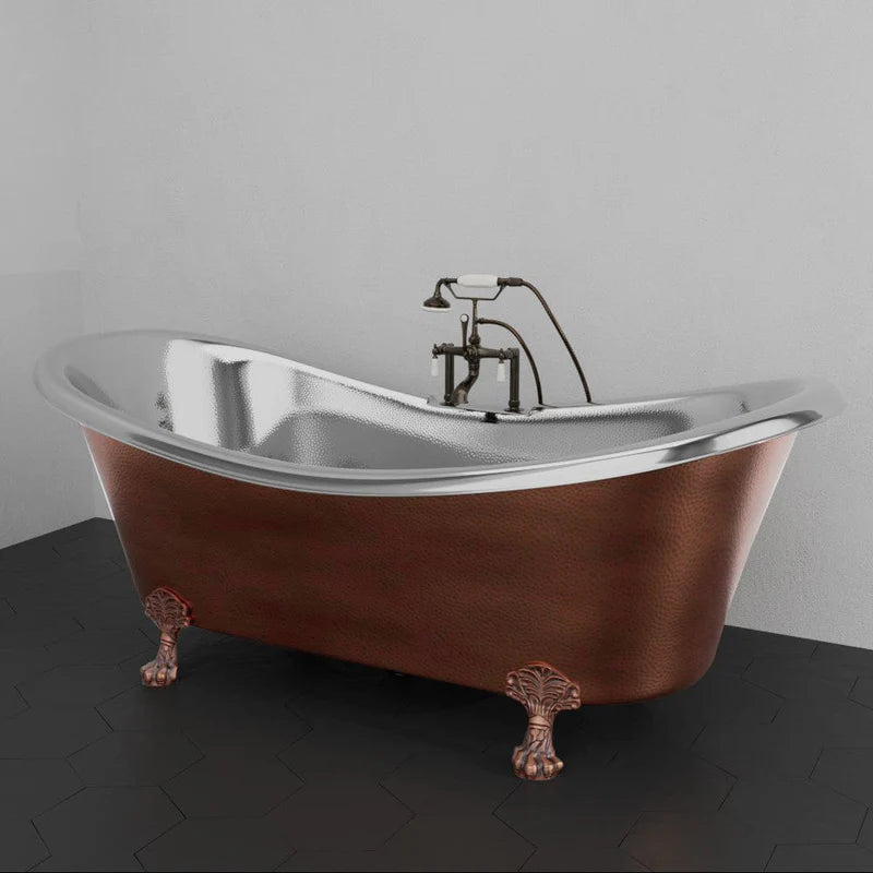 MAGNUS HOME PRODUCTS 72" Kenlee Double Slipper Hammered Copper Clawfoot Tub with Rolled Rim - Polished Nickel Interior with Antique Copper Exterior