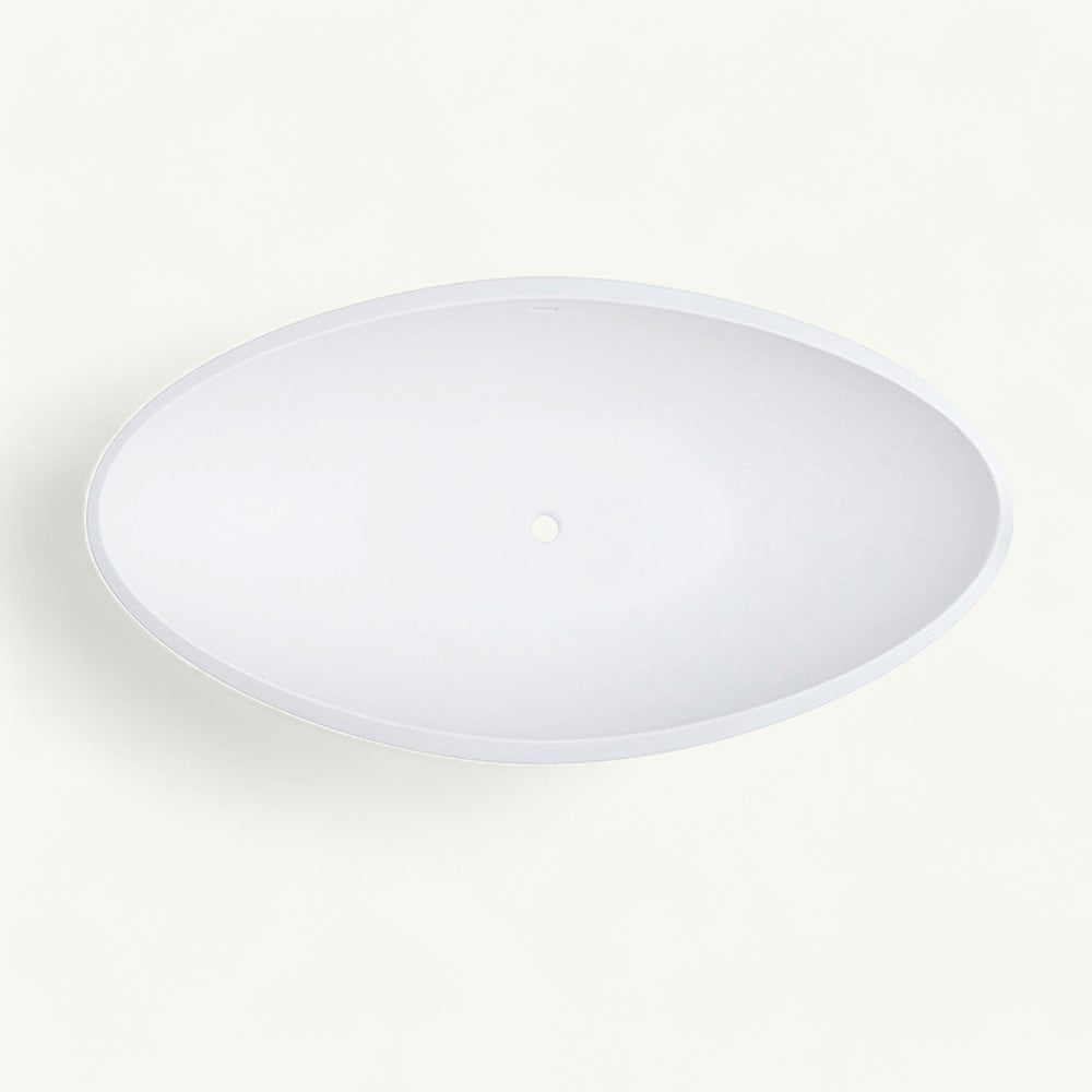 A minimalist, oval-shaped white wall-mounted sink or vessel basin with a single central drain hole, shown from a top-down perspective against a clean, off-white background.